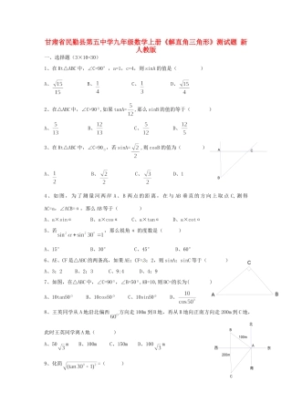 九年级数学上册(解直角三角形)测试卷(无答案) 新人教版试卷