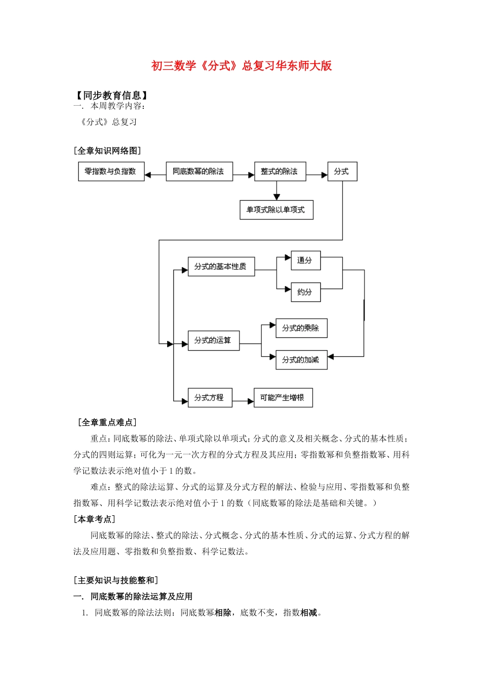 九年级数学(分式)总复习华东师大版知识精讲试卷_第1页