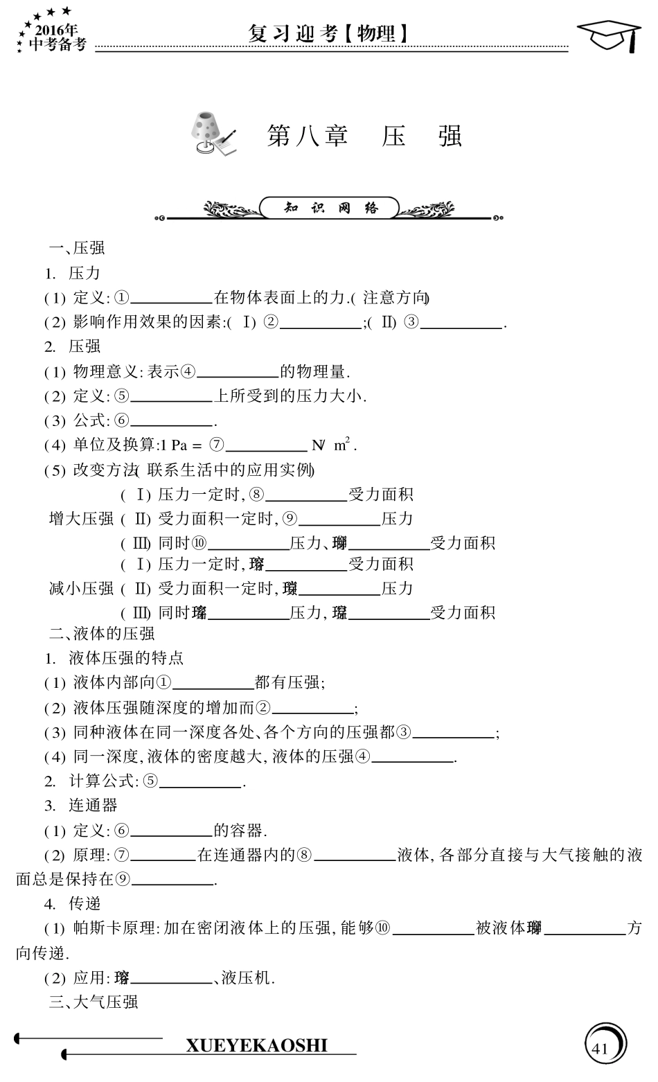 中考物理专题复习 第8章 压强(pdf，无答案) 沪科版试卷_第1页