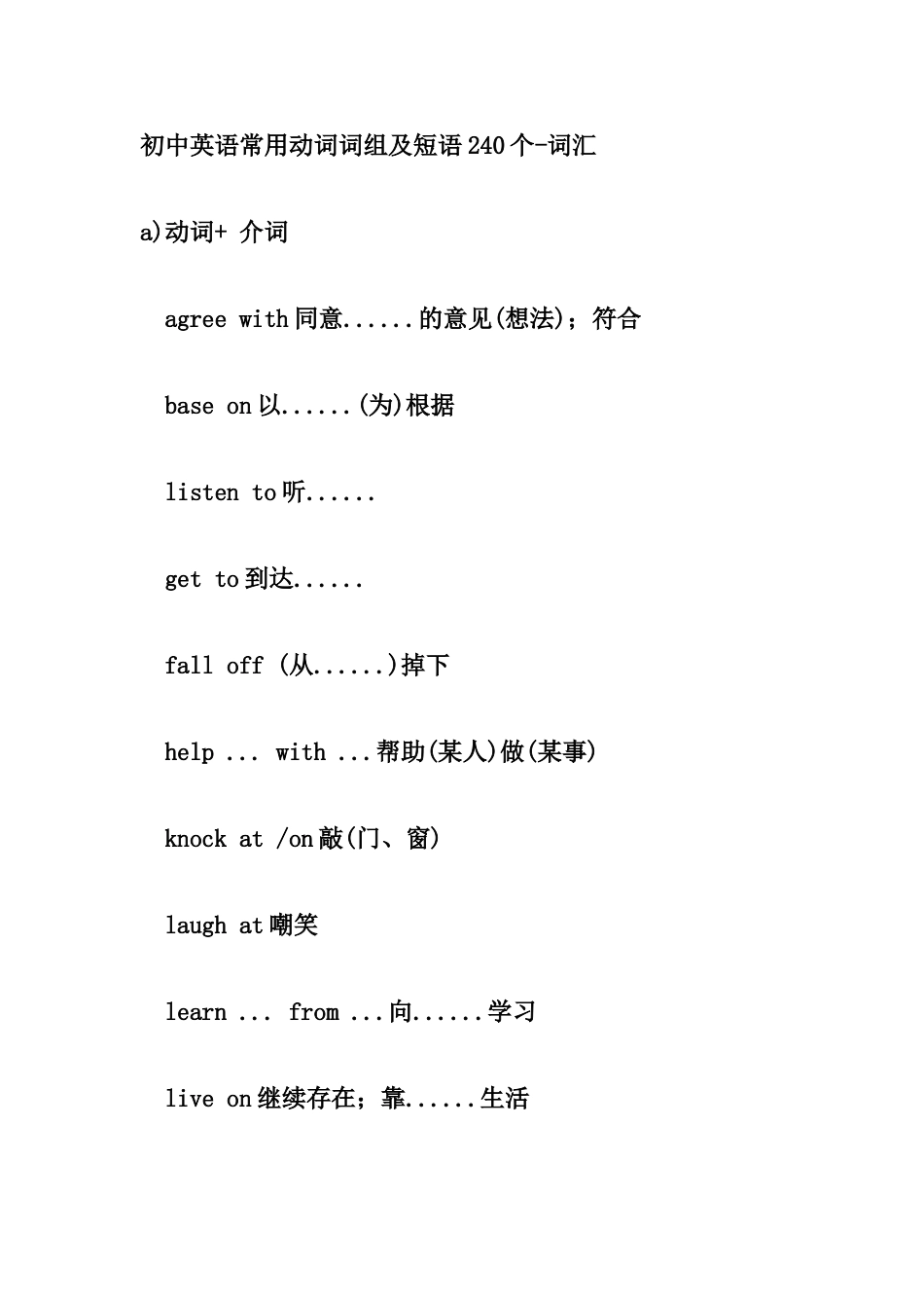 初中英语常用动词词组及短语240个词汇 试题_第1页