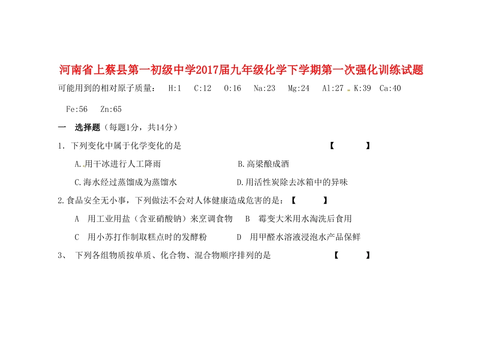 九年级化学下学期第一次强化训练试卷试卷_第1页