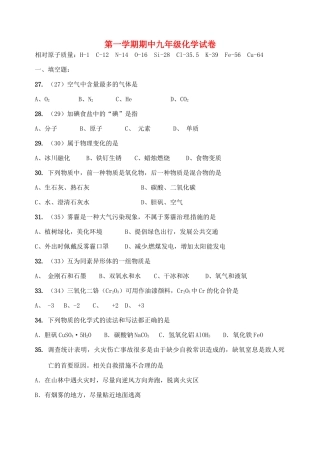 九年级化学上学期期中试卷 沪教版五四制试卷