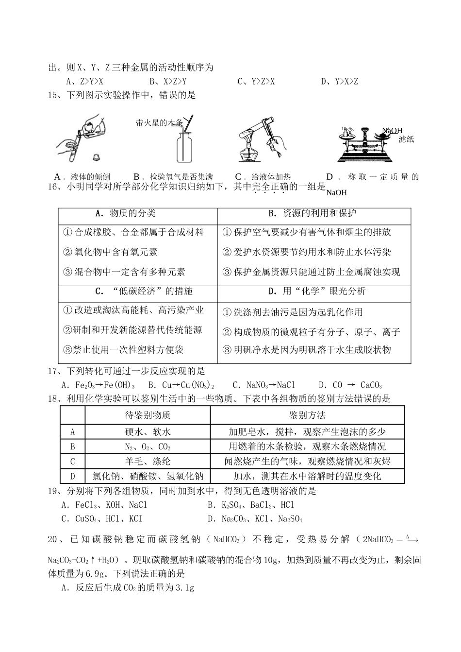 九年级化学第二学期二模考试卷 人教新课标版试卷_第3页