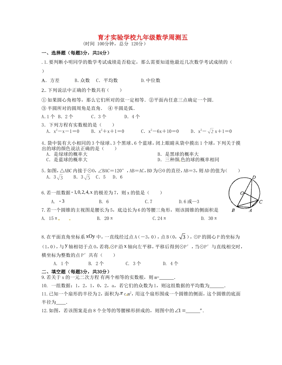 九年级数学下学期周测5 苏科版试卷_第1页