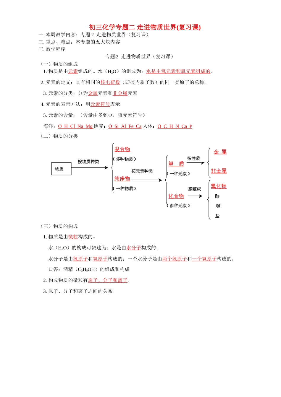 初三化学专题二 走进物质世界复习课湘教版 试题_第1页
