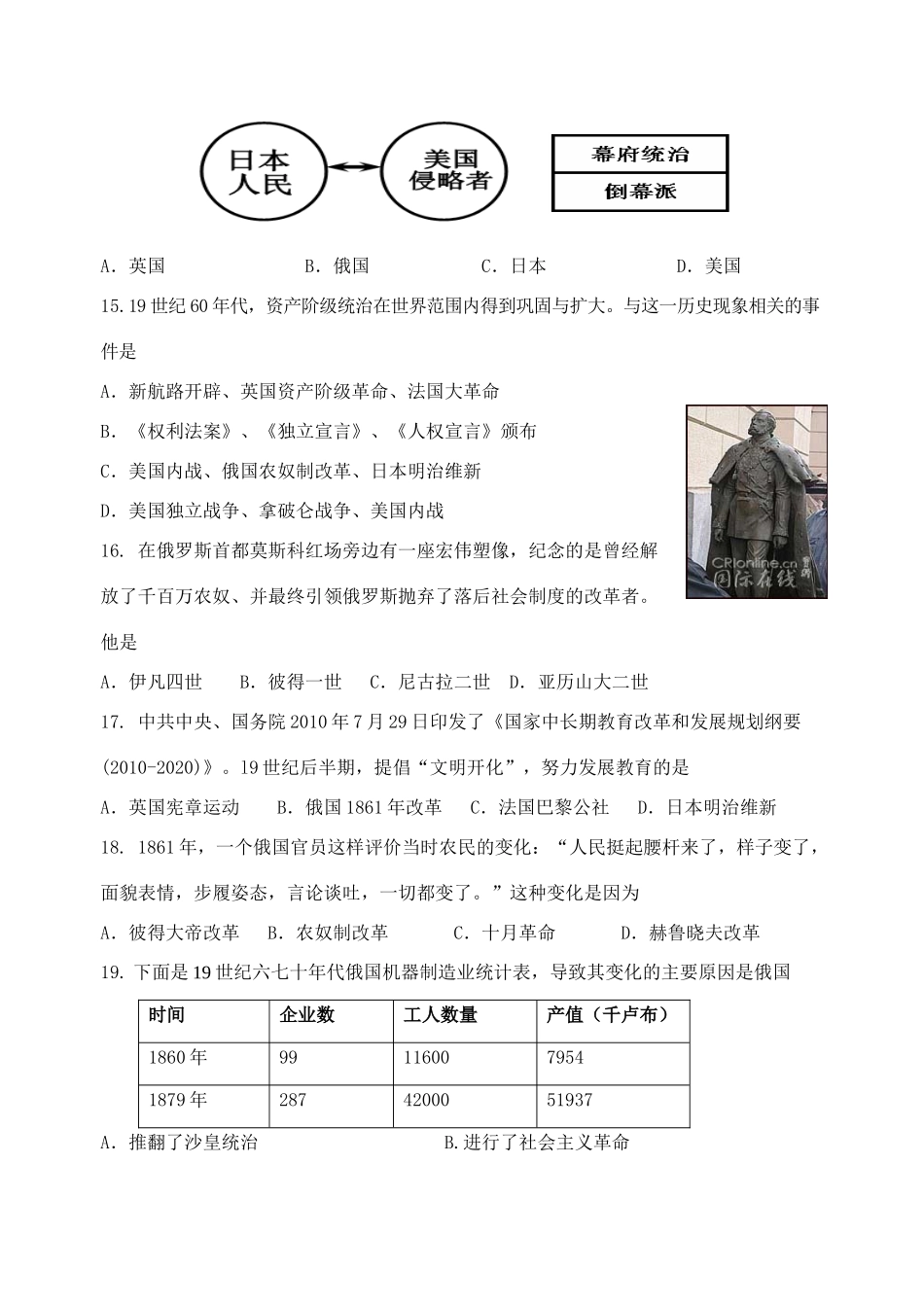 九年级历史第一学期第六单元测试卷 人教新课标版试卷_第3页