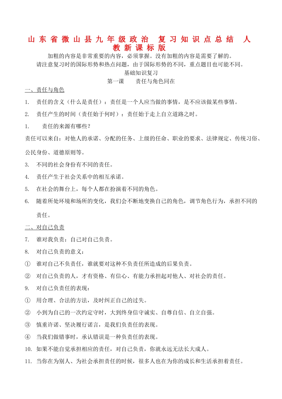 九年级政治 复习知识点总结 人教新课标版试卷_第1页