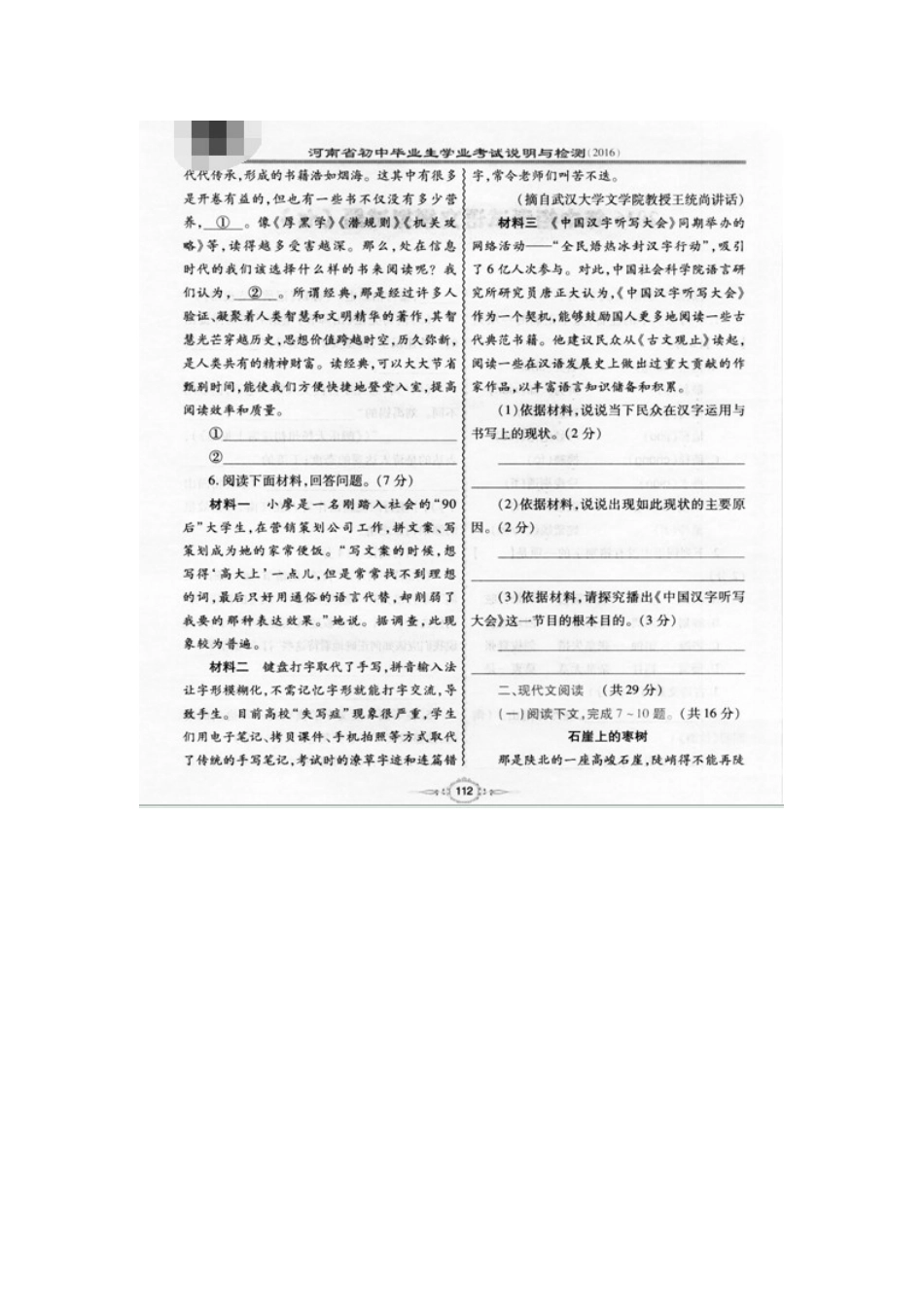 中考语文中招模拟试卷(七)试卷_第2页