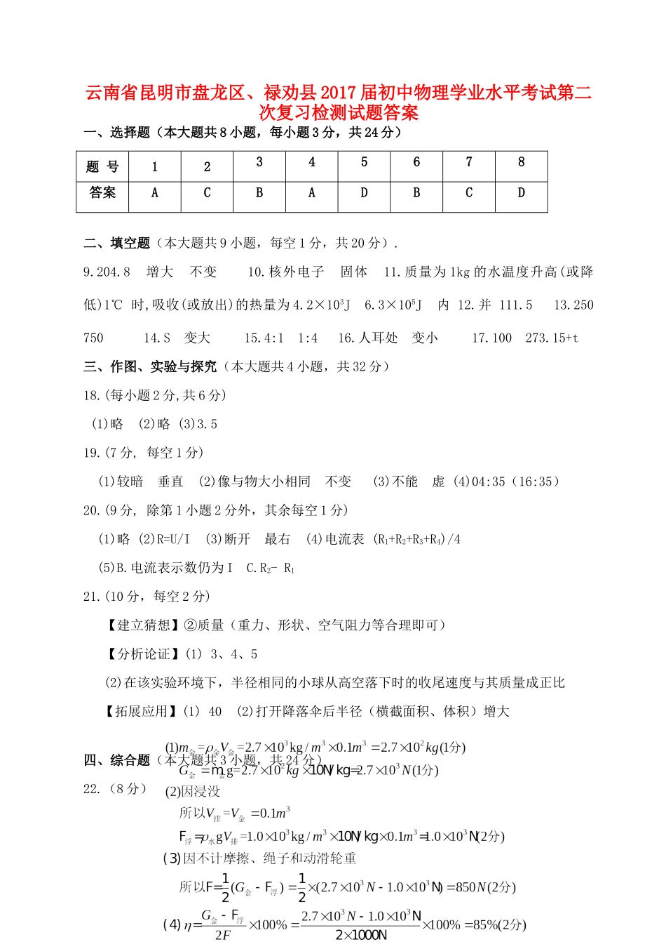 初中物理学业水平考试第二次复习检测试题答案 0607115_第1页