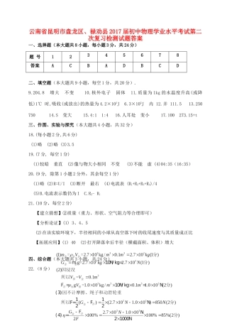 初中物理学业水平考试第二次复习检测试题答案 0607115