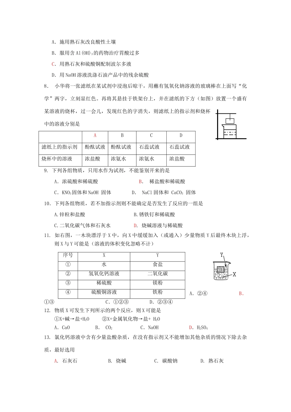 九年级化学下册 第十单元酸和碱第三次月考 人教新课标版试卷_第2页