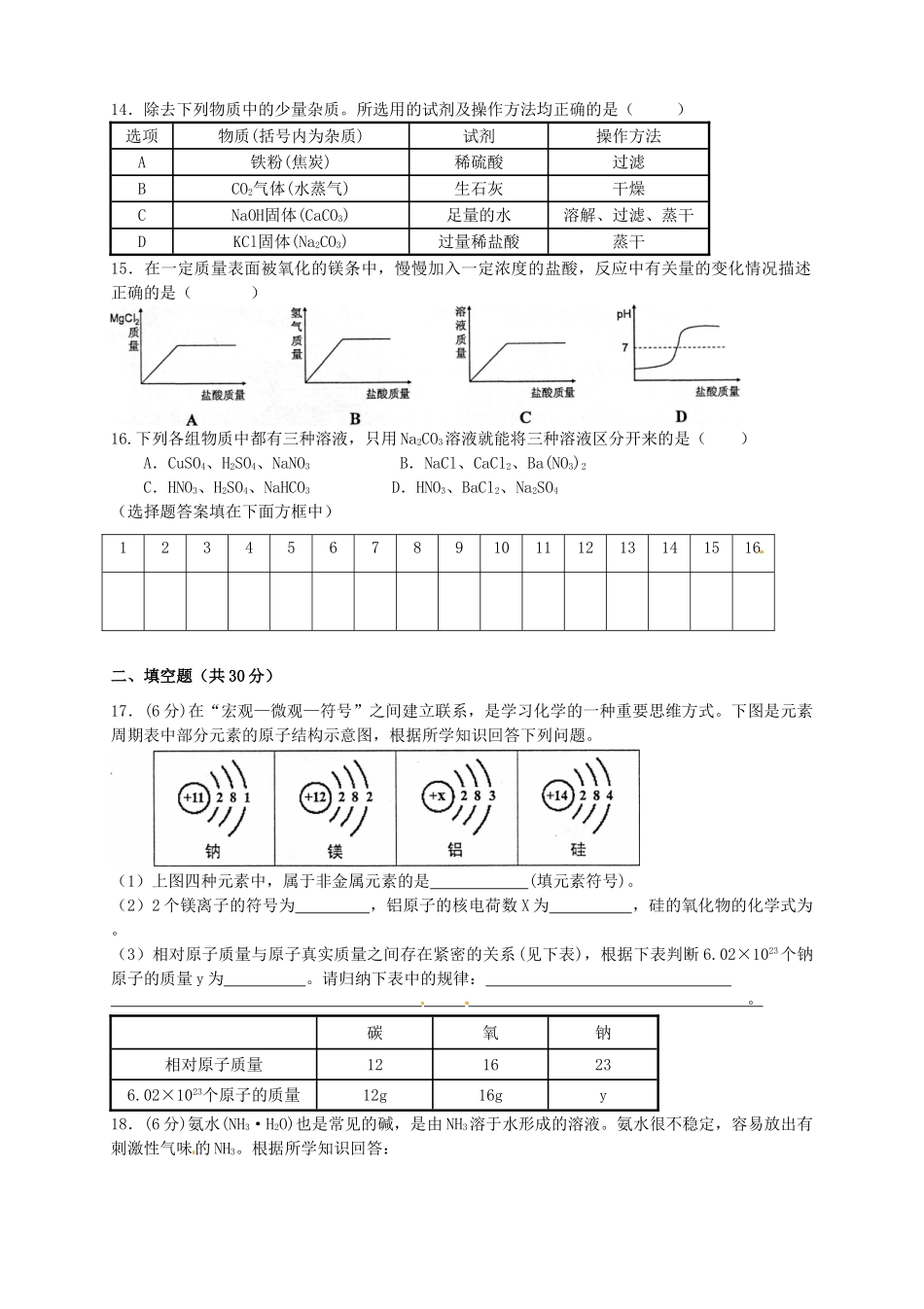 九年级化学下学期第一次测评试卷(连读班，无答案)试卷_第3页
