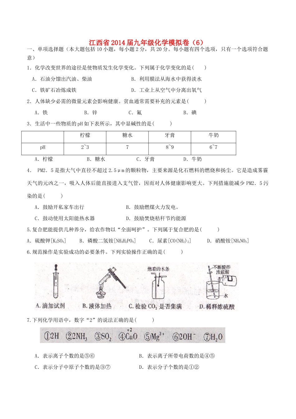九年级化学模拟卷(6)试卷_第1页
