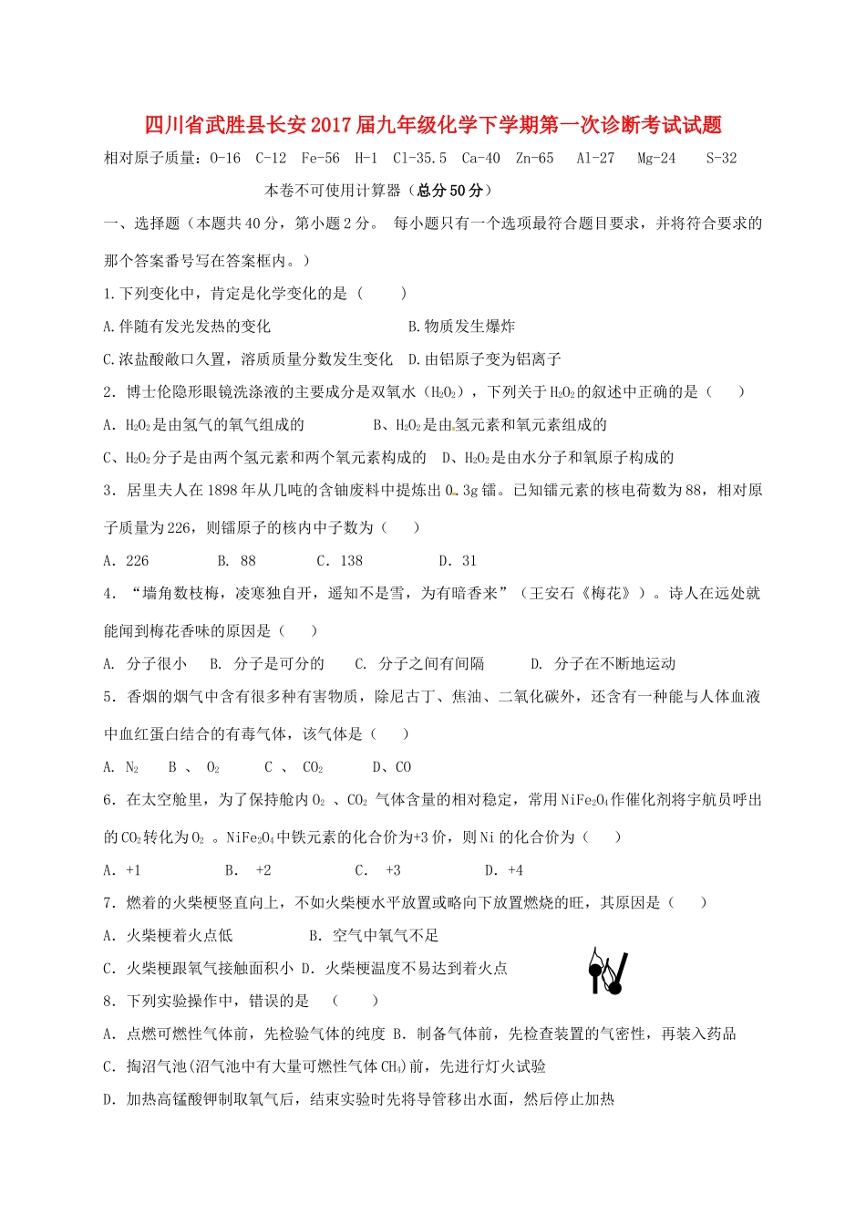 九年级化学下学期第一次诊断考试试卷试卷_第1页