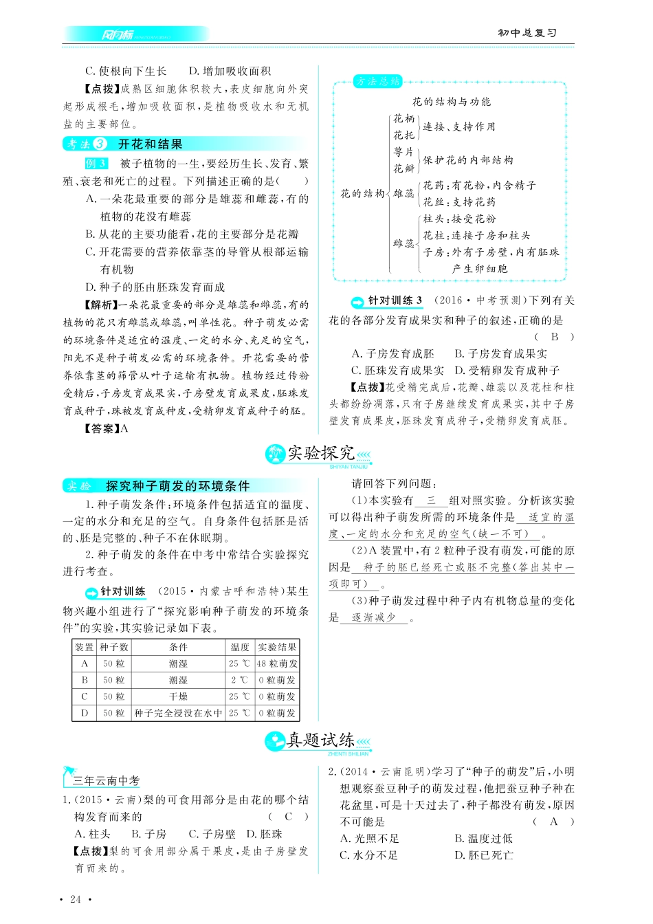 中考生物总复习 第四部分 生物圈中的绿色植物 专题六 绿色开花植物的一生真题试练及限时检测(pdf)试卷_第1页