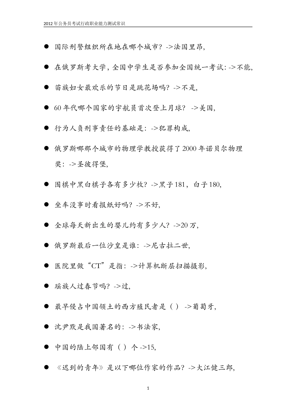 公务员考试行政职业能力测试常识(2012)_第1页