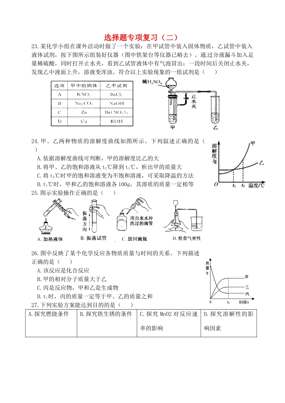 九年级化学下册 选择题专项复习(二) 湘教版试卷_第1页