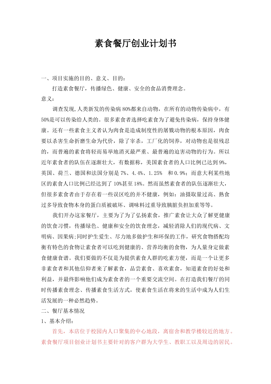 素食餐厅创业计划书_第1页