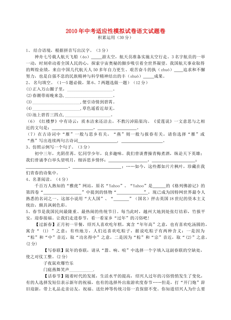 中考语文适应性考试模拟考试试卷_第1页