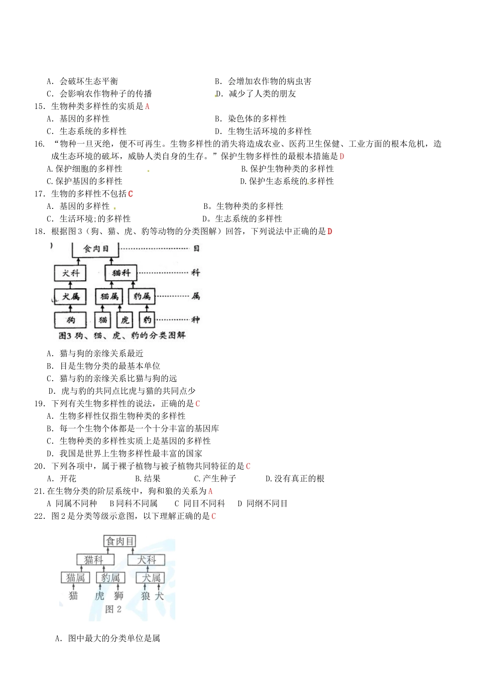 中考生物专项训练-生物的多样性及其保护试卷_第2页