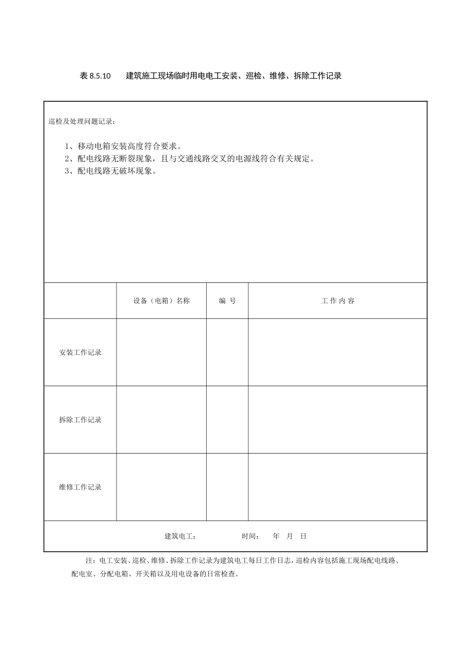 表8.5.10-建筑施工现场临时用电电工安装、巡检、维修、拆除工作记录_第1页
