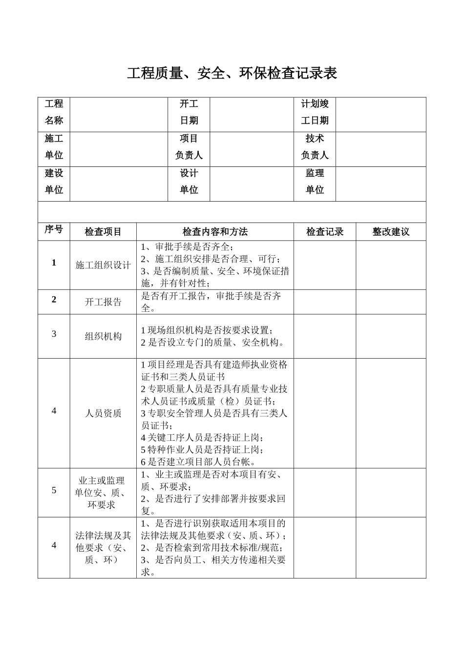 工程质量、安全、环保检查记录表_第1页