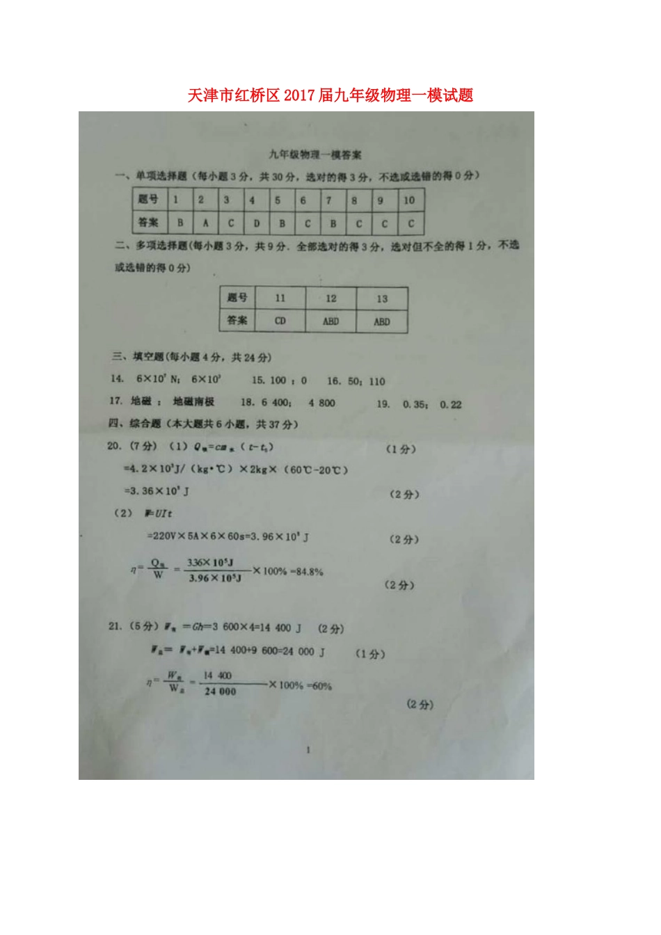 九年级物理一模试卷答案 0426221_第1页