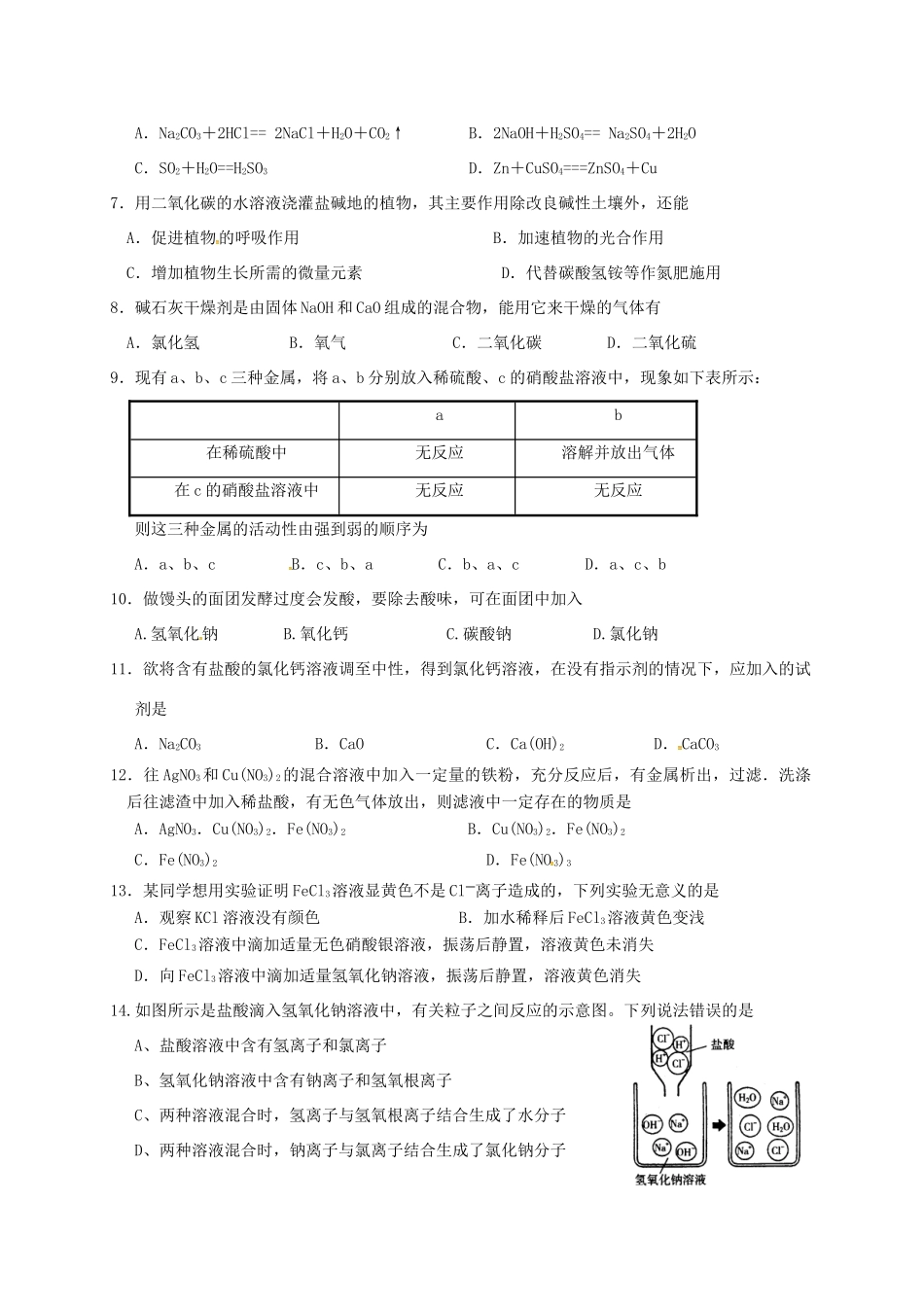 九年级化学全册 第7章 应用广泛的酸、碱、盐单元综合检测 沪教版试卷_第2页