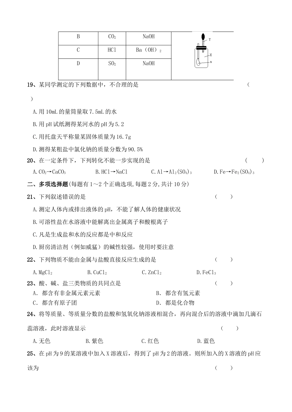 九年级化学 酸碱盐综合测试卷 鲁教版五四制试卷_第3页