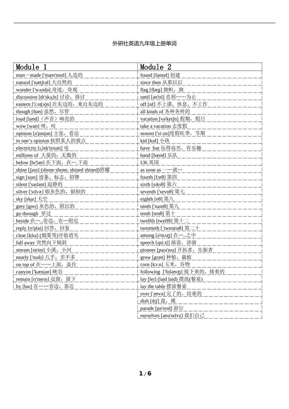 外研社英语九年级上册词汇表(音标、打印)_第1页