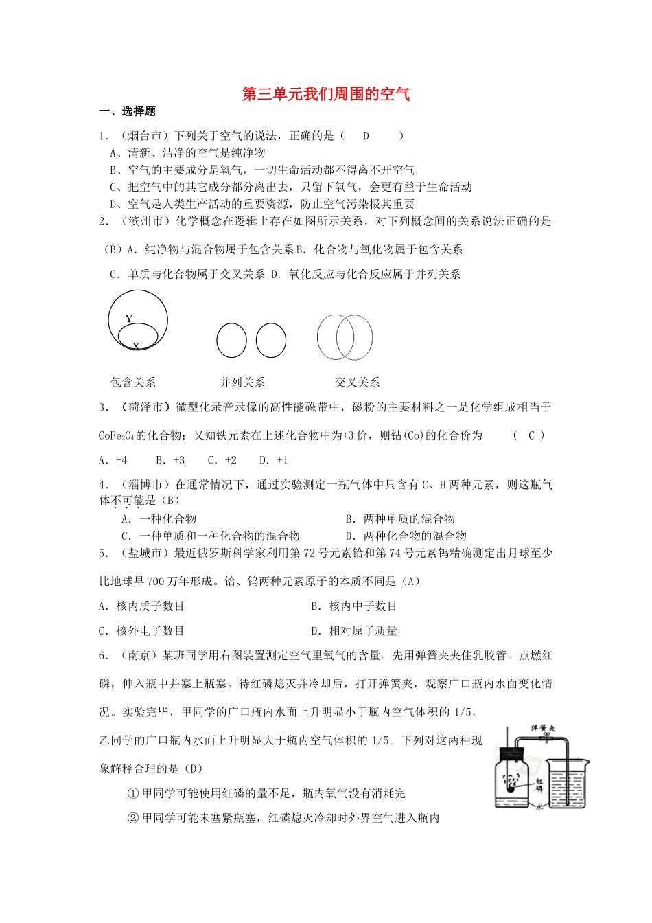九年级化学 第三单元 我们周围的空气单元试卷汇编 鲁教版试卷_第1页