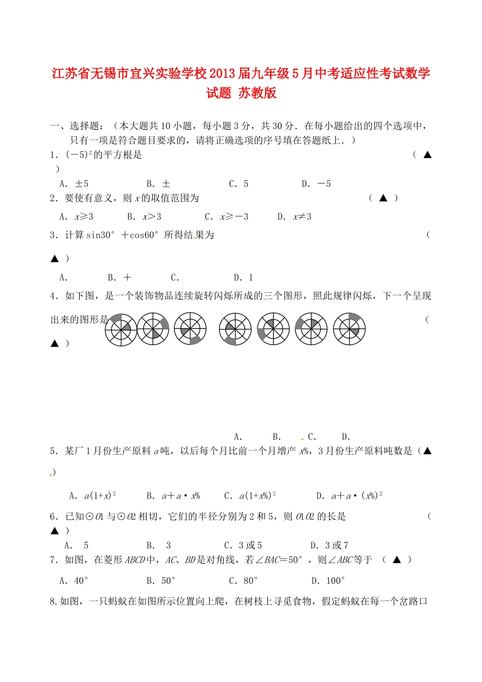 九年级数学5月中考数学适应性考试试卷 苏教版试卷_第1页