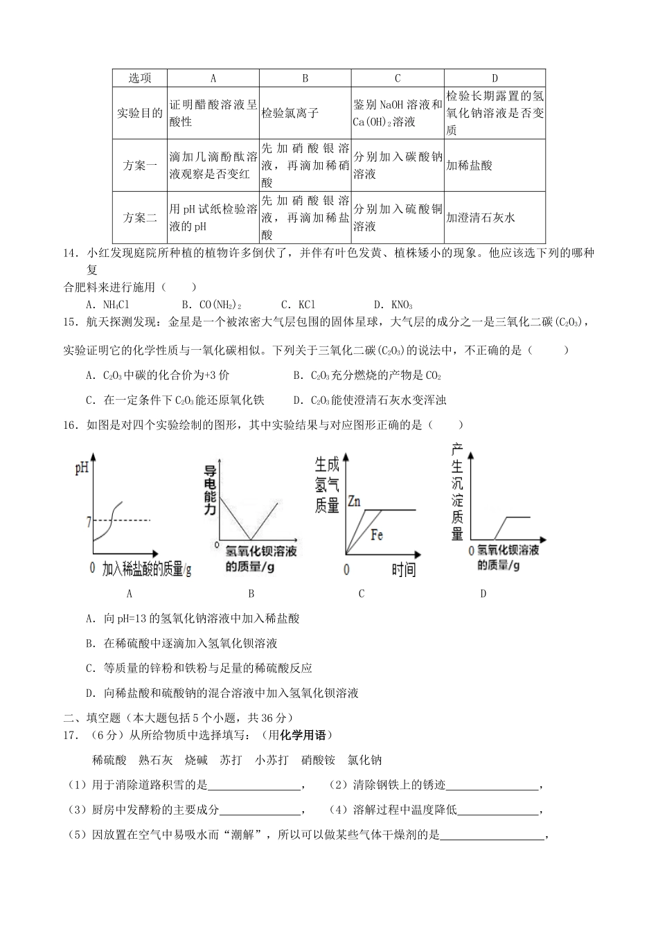 九年级化学下学期4月月考试卷 新人教版试卷_第3页
