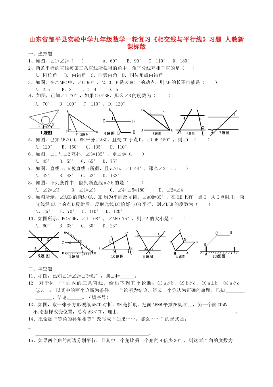 九年级数学一轮复习(相交线与平行线)习题 人教新课标版试卷_第1页