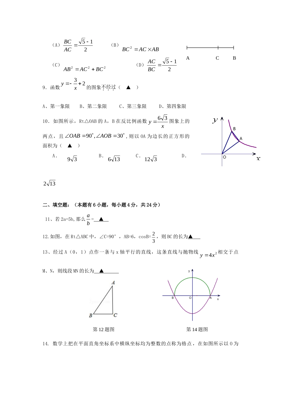 九年级数学上学期期末考试试卷(无答案) 浙教版试卷_第2页