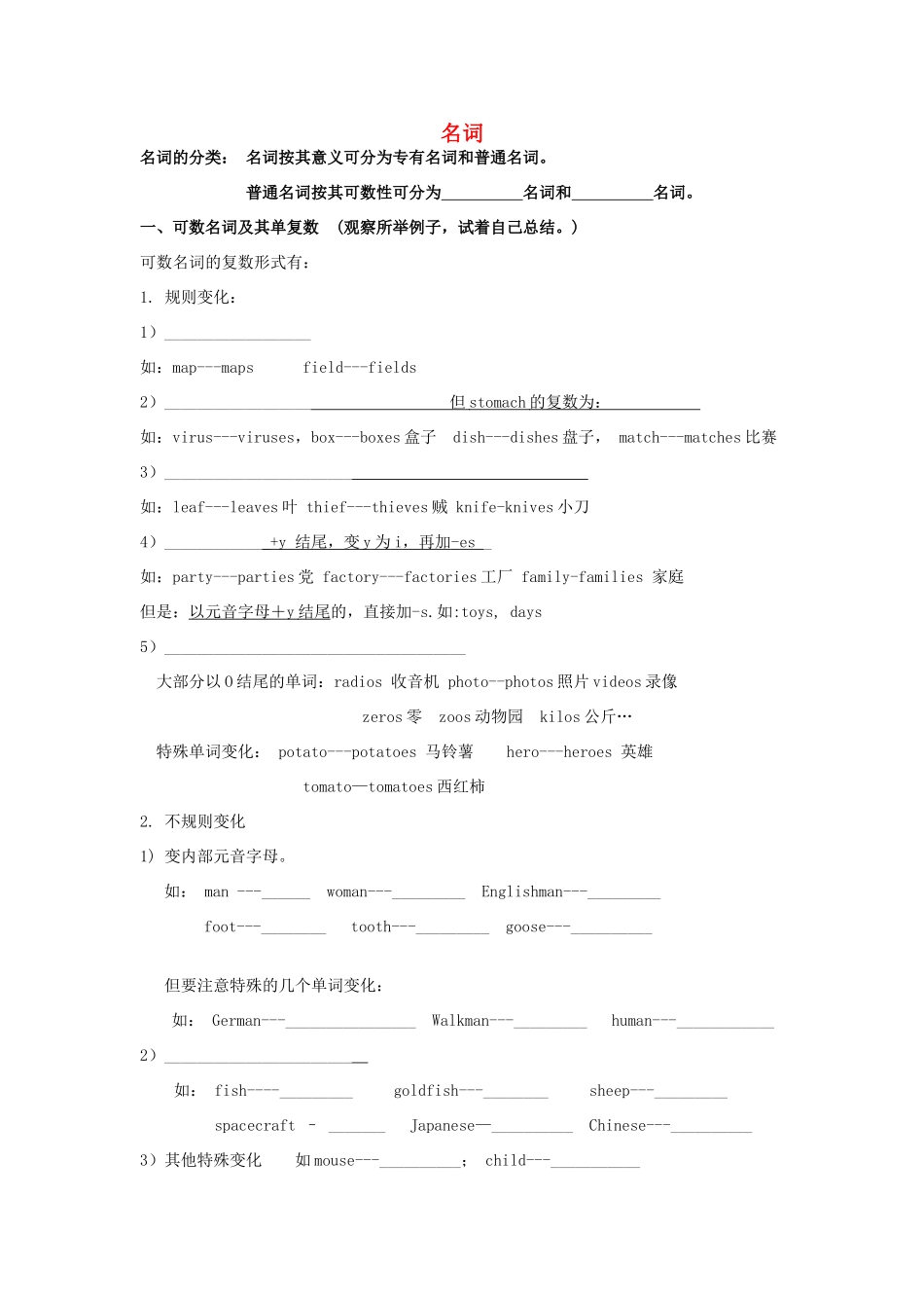 中考英语一轮语法复习 名词试卷_第1页