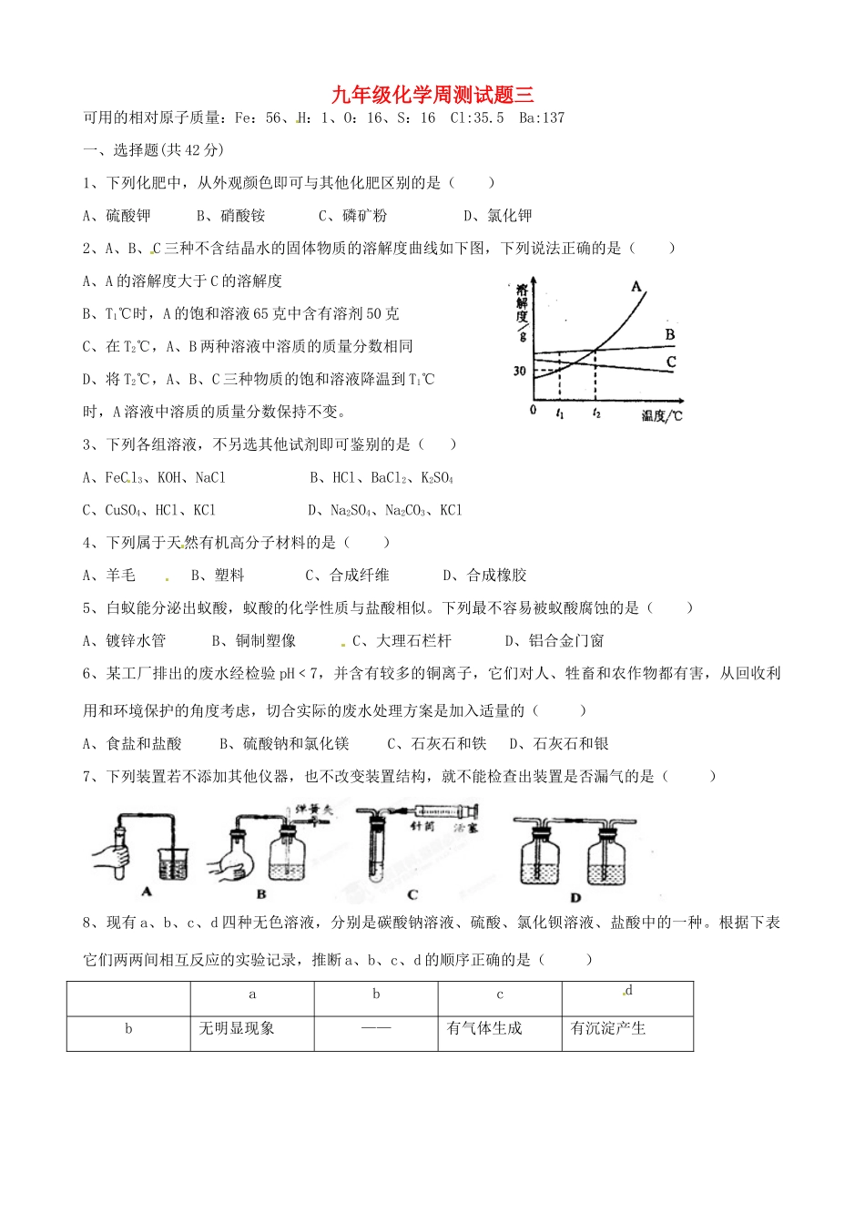 九年级化学周测试卷三 新人教版试卷_第1页