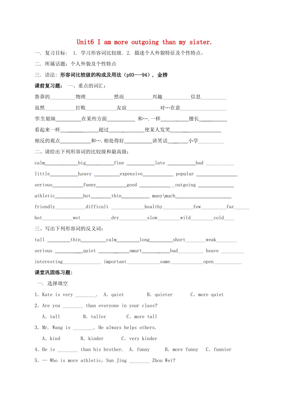 中考英语一轮总复习 八上 Unit 6 I am more outgoing than my sister试卷试卷_第1页