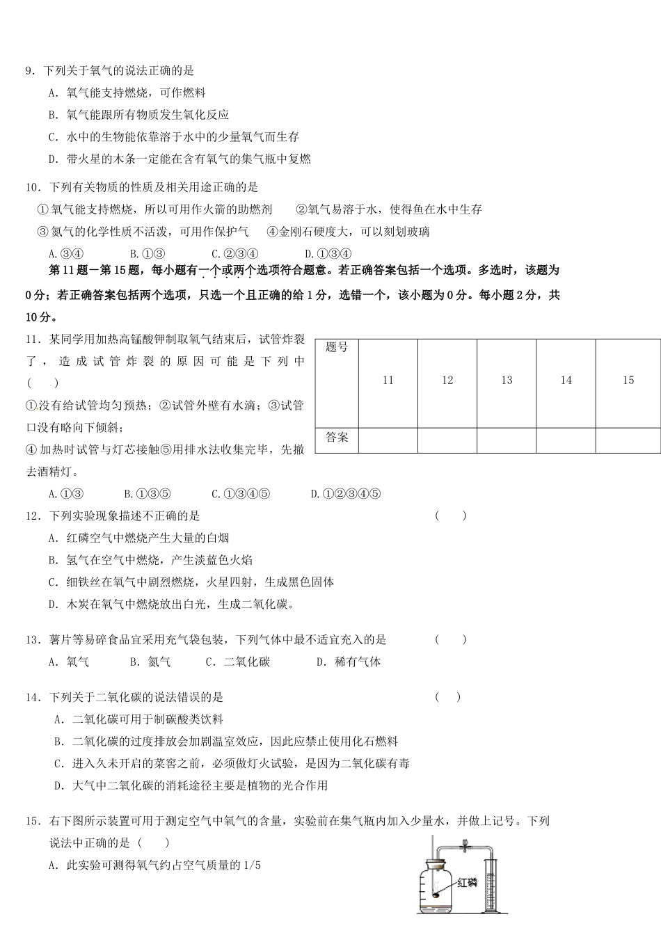 九年级化学上学期学情调查试卷 新人教版试卷_第2页