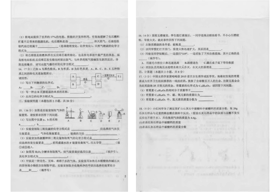 九年级化学期末试卷(pdf，无答案) 新人教版五四制试卷_第2页
