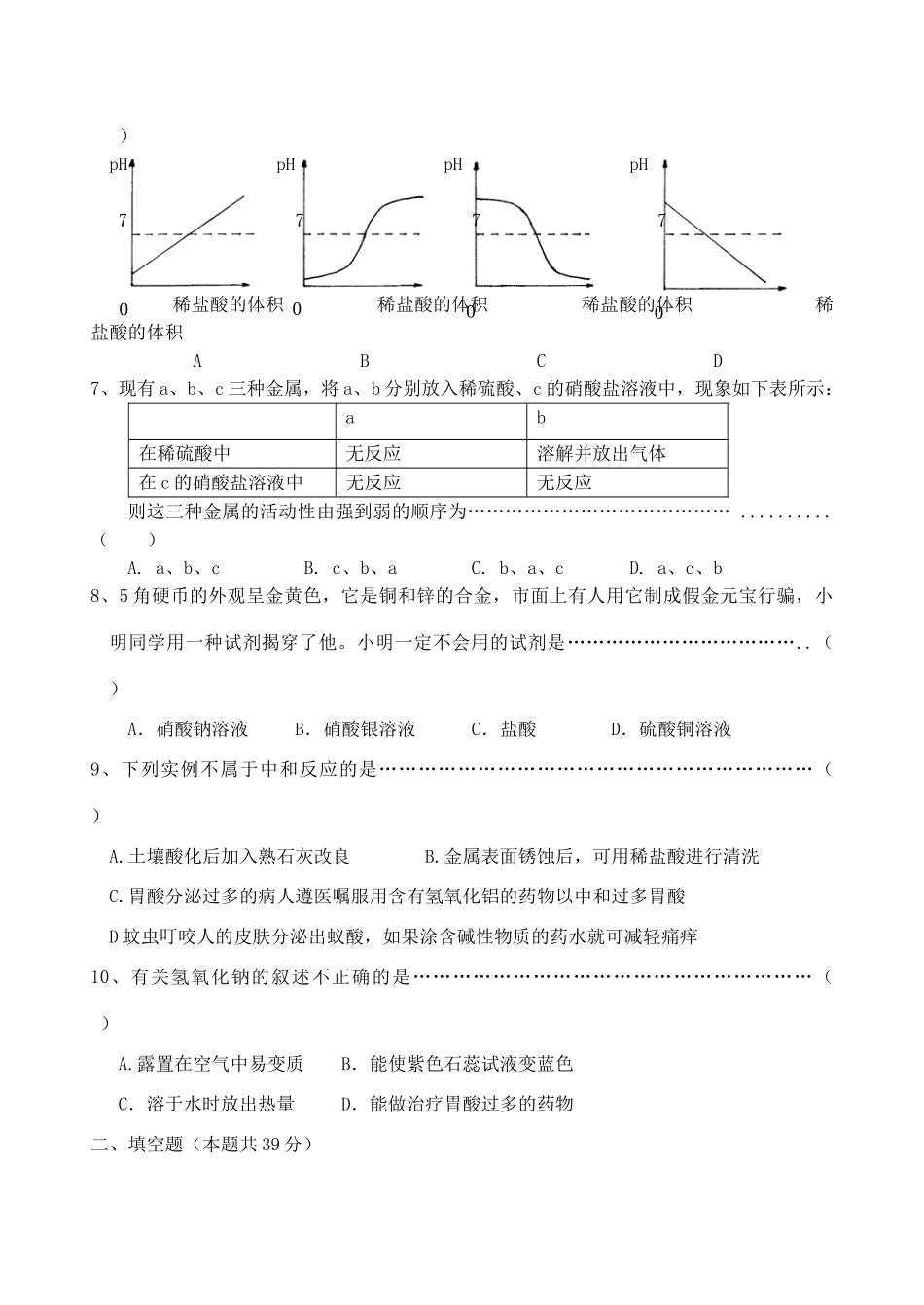 九年级化学(酸碱盐)单元综合测试 新人教版试卷_第2页