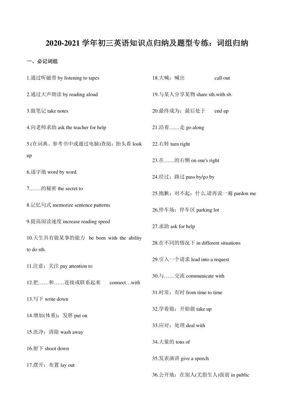 中考英语知识点归纳及题型专练 词组归纳(pdf，含解析)试卷_第1页