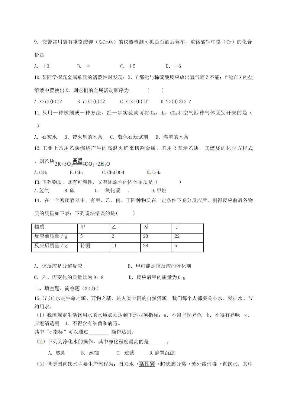 九年级化学上学期第二阶段考试试卷_第2页
