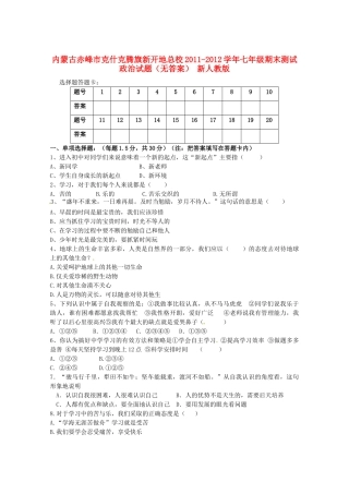 内蒙古赤峰市七年级政治期末测试试题(无答案) 新人教版 试题