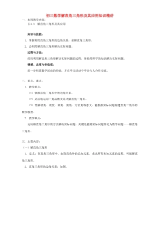 初三数学解直角三角形及其应用知识精讲 湘教版 试题