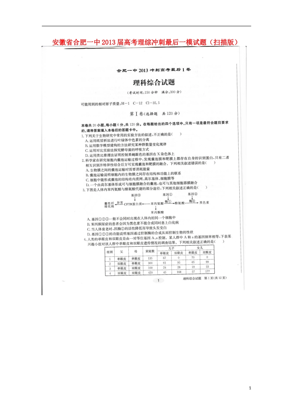 安徽省合肥一中2013届高考理综冲刺最后一模试题(扫描版)_第1页