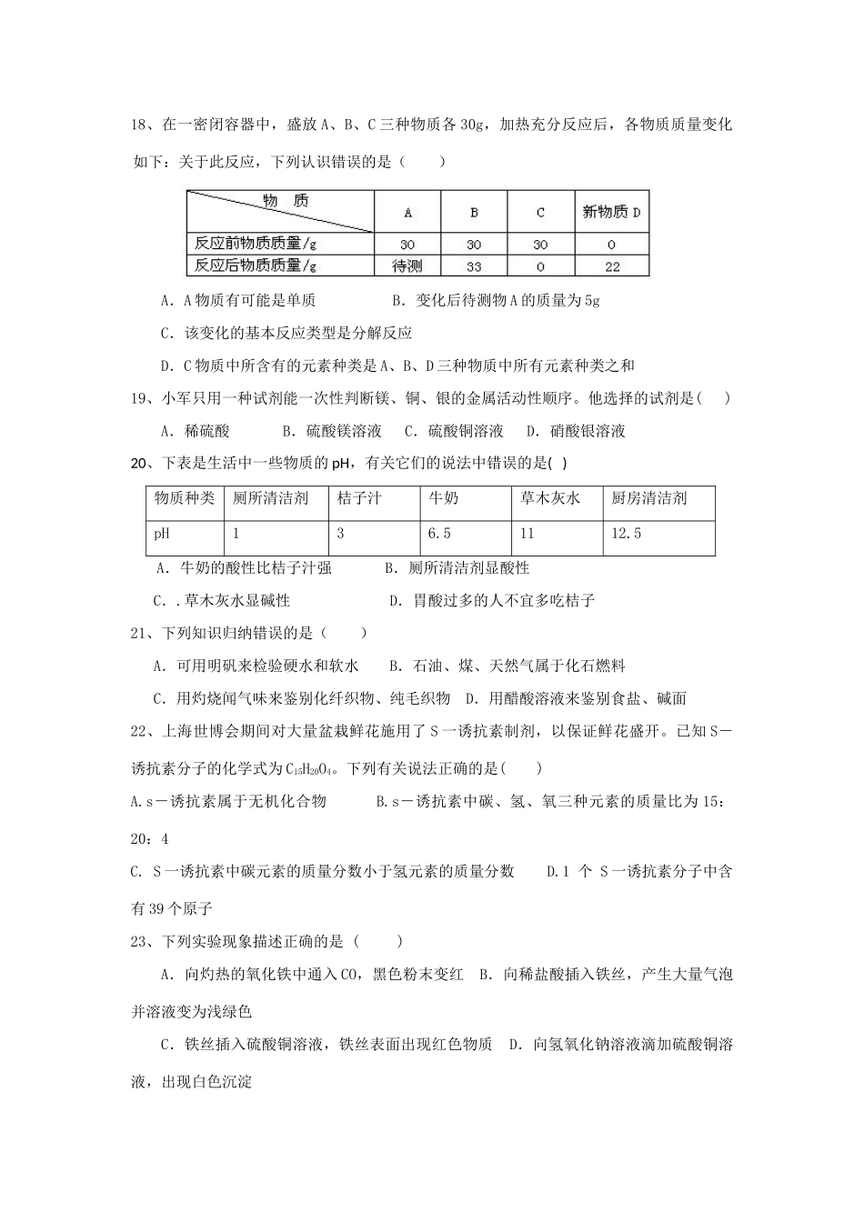 九年级化学下学期第三次模拟试卷试卷_第2页
