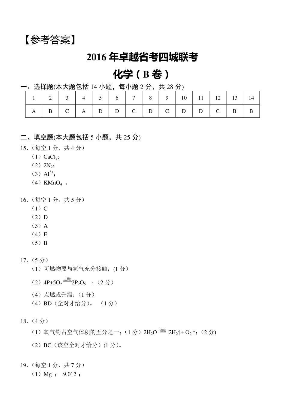 九年级化学下学期省考四城联考试卷(pdf，B卷)参考答案(含评分标准) 010951_第1页