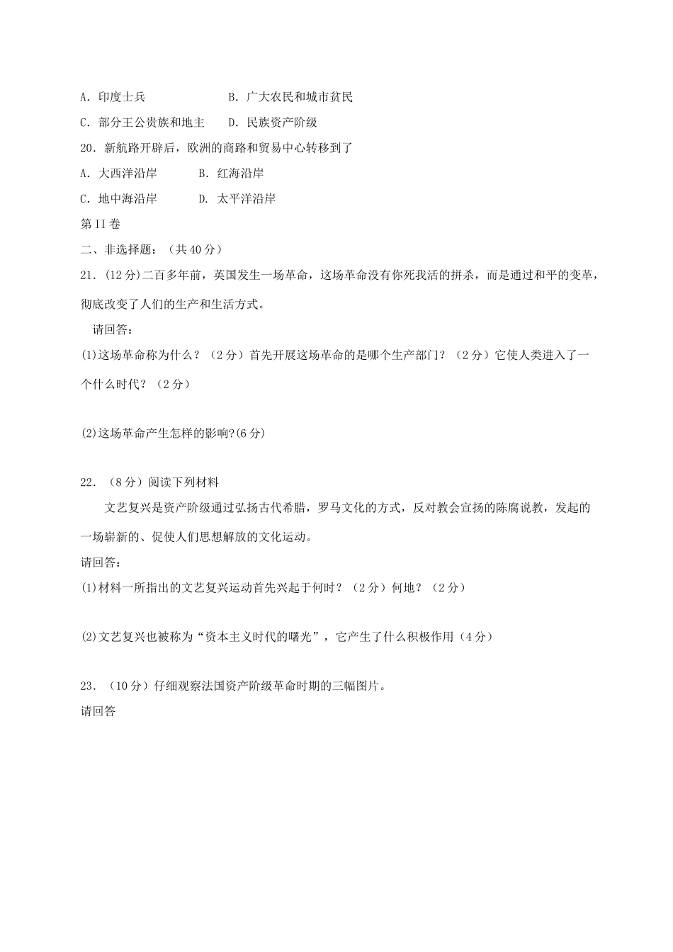 九年级历史上学期期中教学质量调研试卷(答案不全) 新人教版试卷_第3页