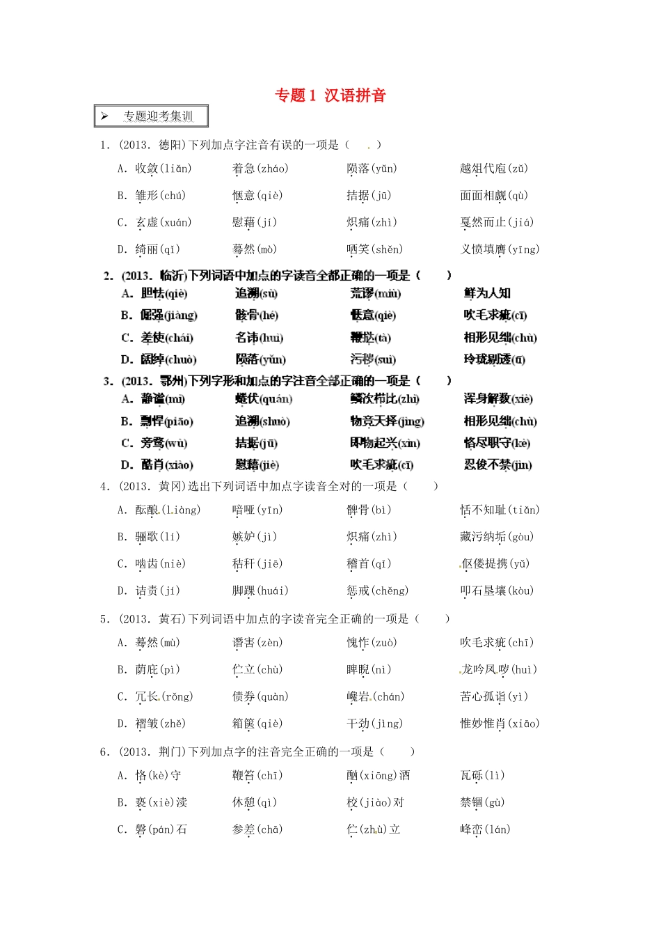 中考语文专题迎考集训 专题1 汉语拼音试卷_第1页